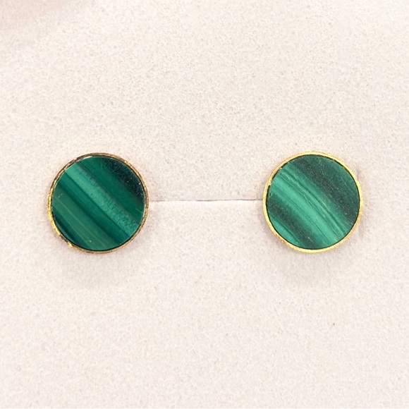Vintage Malachite Gold Earrings: 18K solid yellow gold genuine inlay studs - Picture 3 of 7